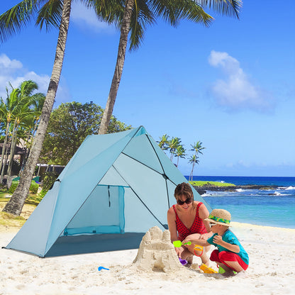 Outsunny Tenda de Praia Dobrável para 2-3 Pessoas Anti UV 50+ Tenda Pop Up com Janela e Bolsa de Transporte para Jardim Campismo Viagens 210x147x120cm Azul