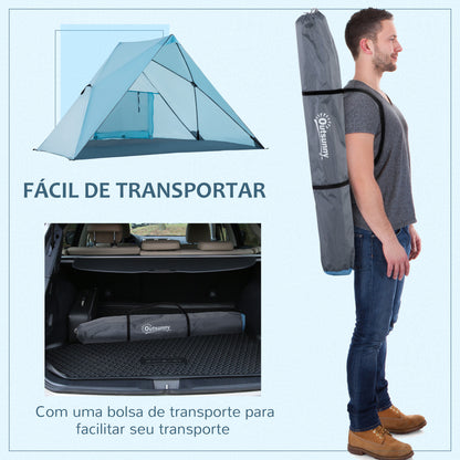 Outsunny Tenda de Praia Dobrável para 2-3 Pessoas Anti UV 50+ Tenda Pop Up com Janela e Bolsa de Transporte para Jardim Campismo Viagens 210x147x120cm Azul