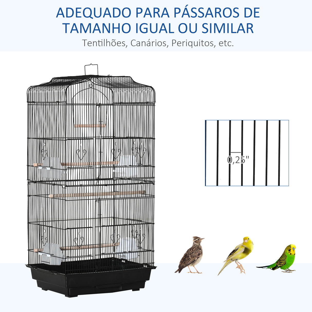 PawHut Gaiola para Passáros Gaiola de Metal com Portas 4 Comedouros 3 Poleiros Baloiço Bandeja Removível e Alça de Transporte para Papagaio Canário Periquito 46,5x35,5x92cm Preto