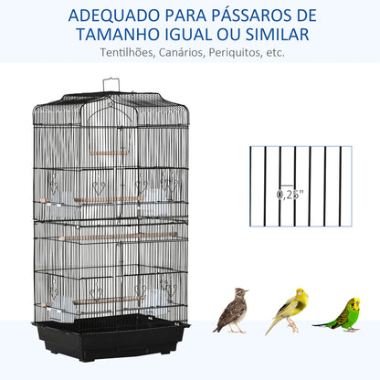 PawHut Gaiola para Passáros Gaiola de Metal com Portas 4 Comedouros 3 Poleiros Baloiço Bandeja Removível e Alça de Transporte para Papagaio Canário Periquito 46,5x35,5x92cm Preto