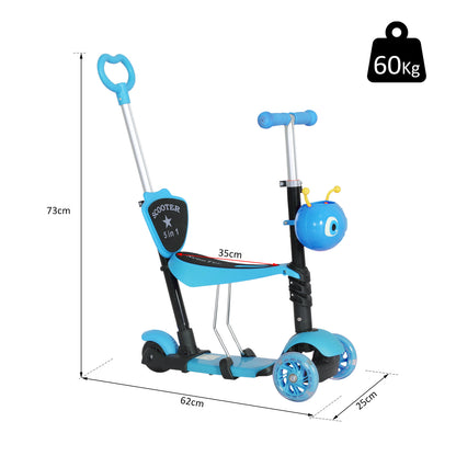 HOMCOM trotinete 5 em 1 para crianças de acima de1 ano trotinete de 3 rodas com assento removível guiador ajustável 62x25x72,5 cm azul