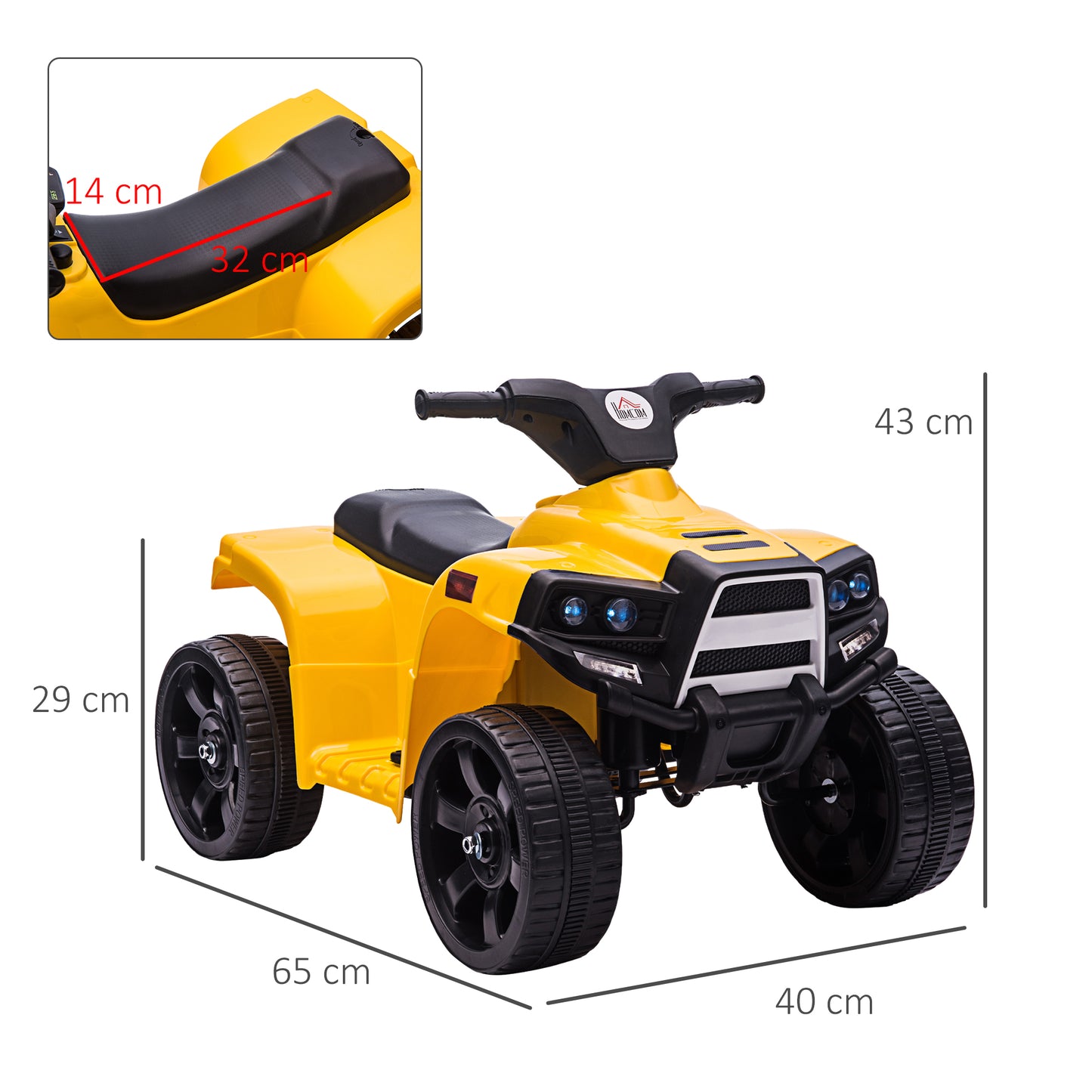 HOMCOM Quadriciclo Elétrico para Crianças acima de 18 Meses Quadriciclo Infantil a Bateria 6V Faróis Buzina Velocidade -3km/h Avanço e Recuo 65x40x43cm Amarelo