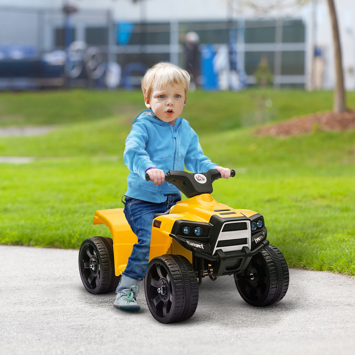 HOMCOM Quadriciclo Elétrico para Crianças acima de 18 Meses Quadriciclo Infantil a Bateria 6V Faróis Buzina Velocidade -3km/h Avanço e Recuo 65x40x43cm Amarelo