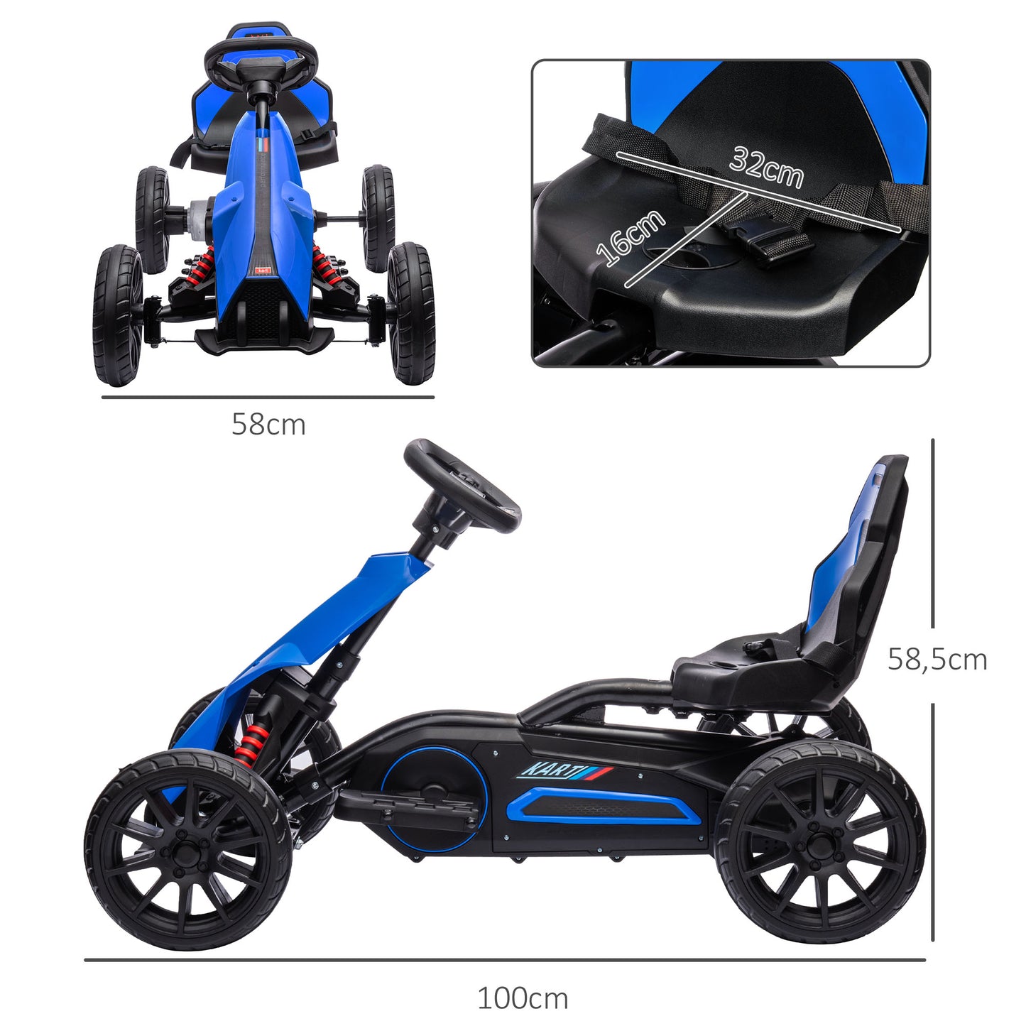 HOMCOM Go Kart Carro Elétrico para Crianças de 3 a 8 Anos Kart a Bateria 12V Velocidade Ajustável 3-5 km/h e Cinto de Segurança Carga 30 kg para Exterior 100x58x58,5 cm Azul