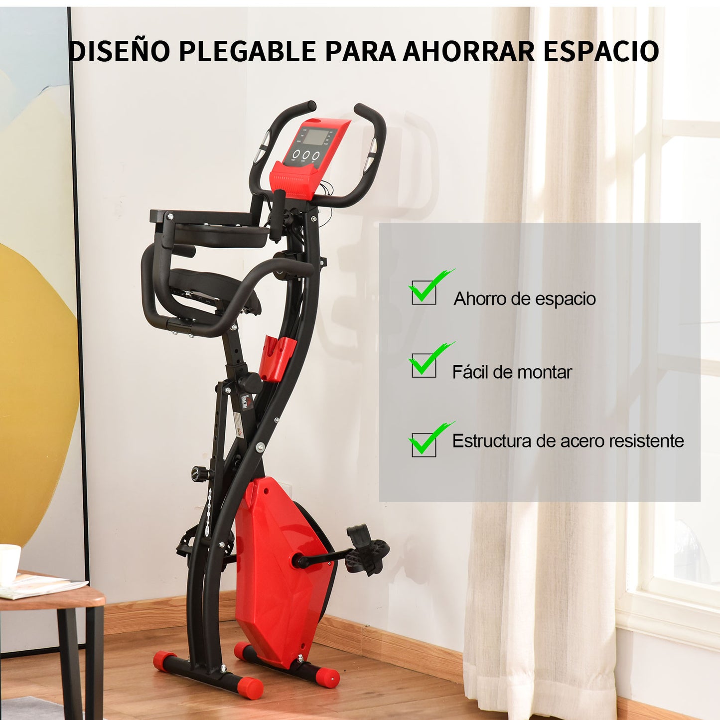 Bicicleta Estática Dobrável com Altura e Resistência Ajustáveis com Tela LCD e Assento com Encosto 51x97x115cm Vermelha