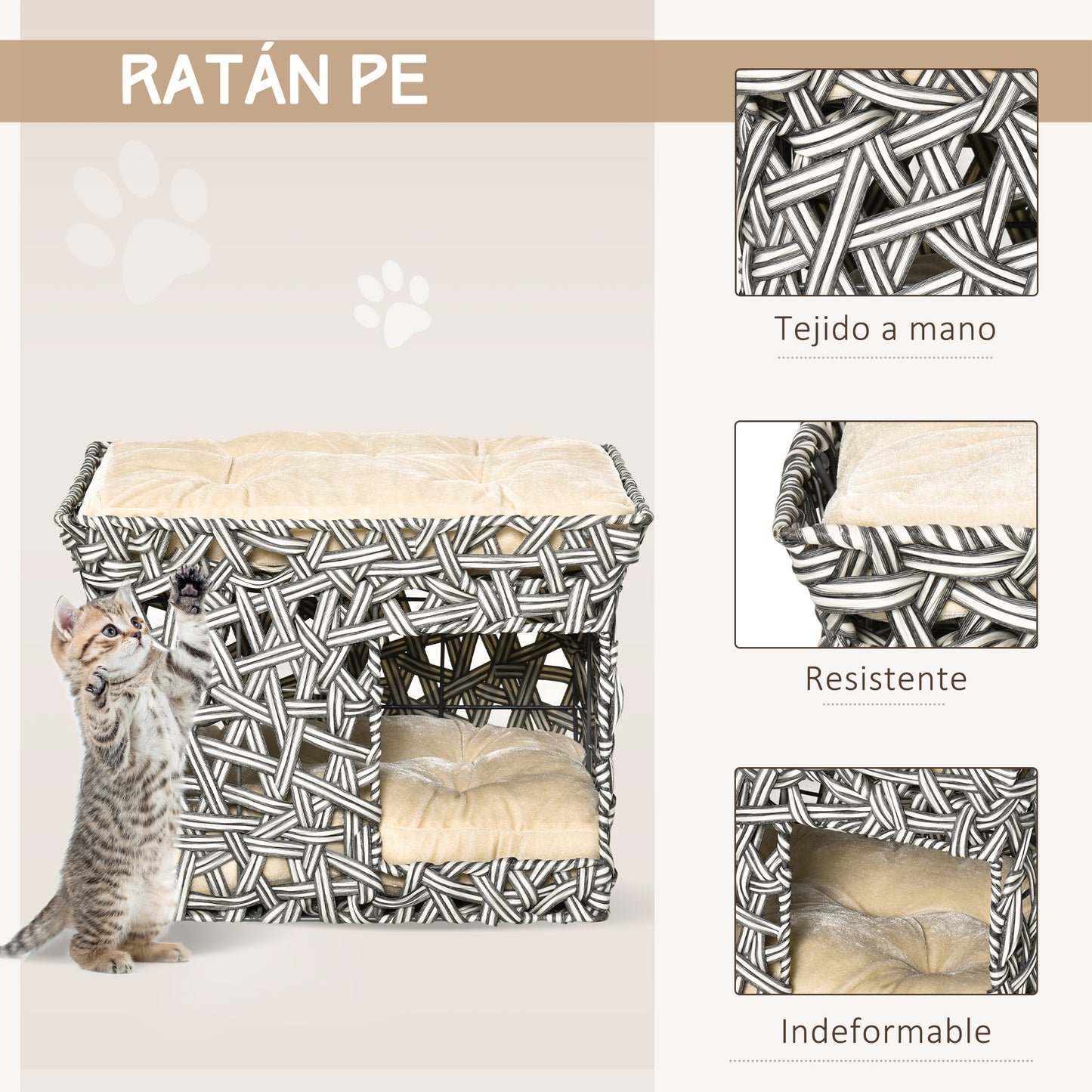 PawHut Cesta de Vime para Gatos de 2 Níveis Cama Caverna de Gatos com 2 Almofadas Suaves Estrutura de Metal 51x42x37cm Cinza e Bege