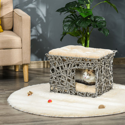 PawHut Cesta de Vime para Gatos de 2 Níveis Cama Caverna de Gatos com 2 Almofadas Suaves Estrutura de Metal 51x42x37cm Cinza e Bege