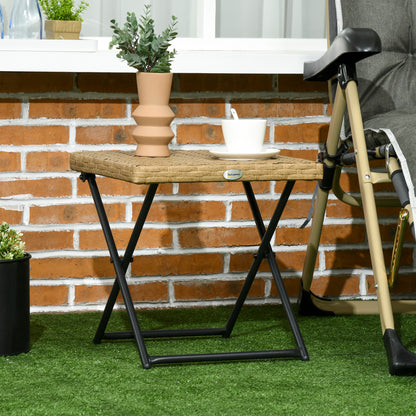 Outsunny Mesa de Jardim em Vime Sintético Mesa de Terraço Exterior Dobrável com Pés Cruzados e Estrutura de Aço para Pátio Varanda 40x40x40 cm Natural