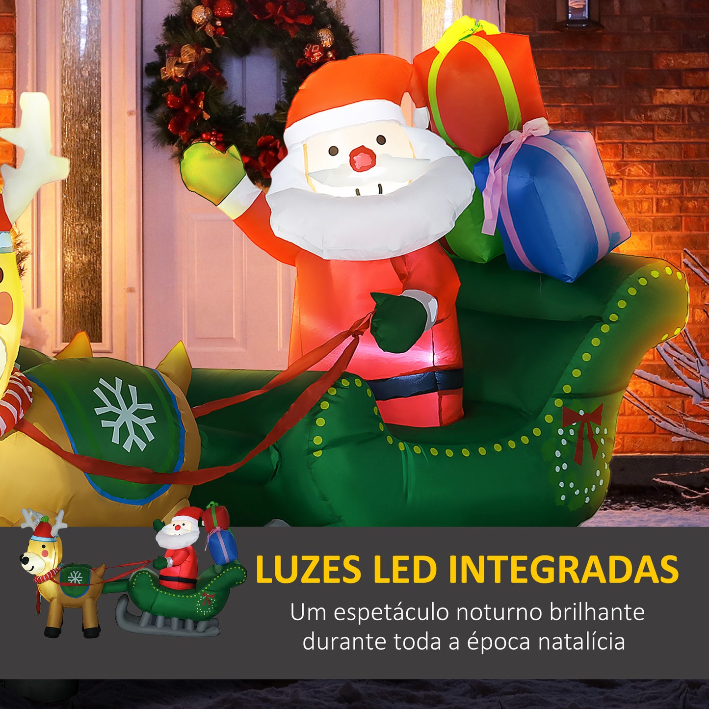 HOMCOM Decoração Insuflável de Natal Pai Natal com Trenó e 2 Renas Decoração de Natal com 4 Luzes LED para Jardim Pátio 210x70x125 cm Multicor