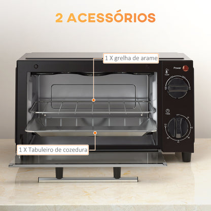 HOMCOM Mini Forno Elétrico 9L Forno Elétrico de Bancada 750W com Temperatura Ajustável até 230°C Temporizador 60 min e Bandeja para Assar Grelha 35x24,6x20 cm Preto