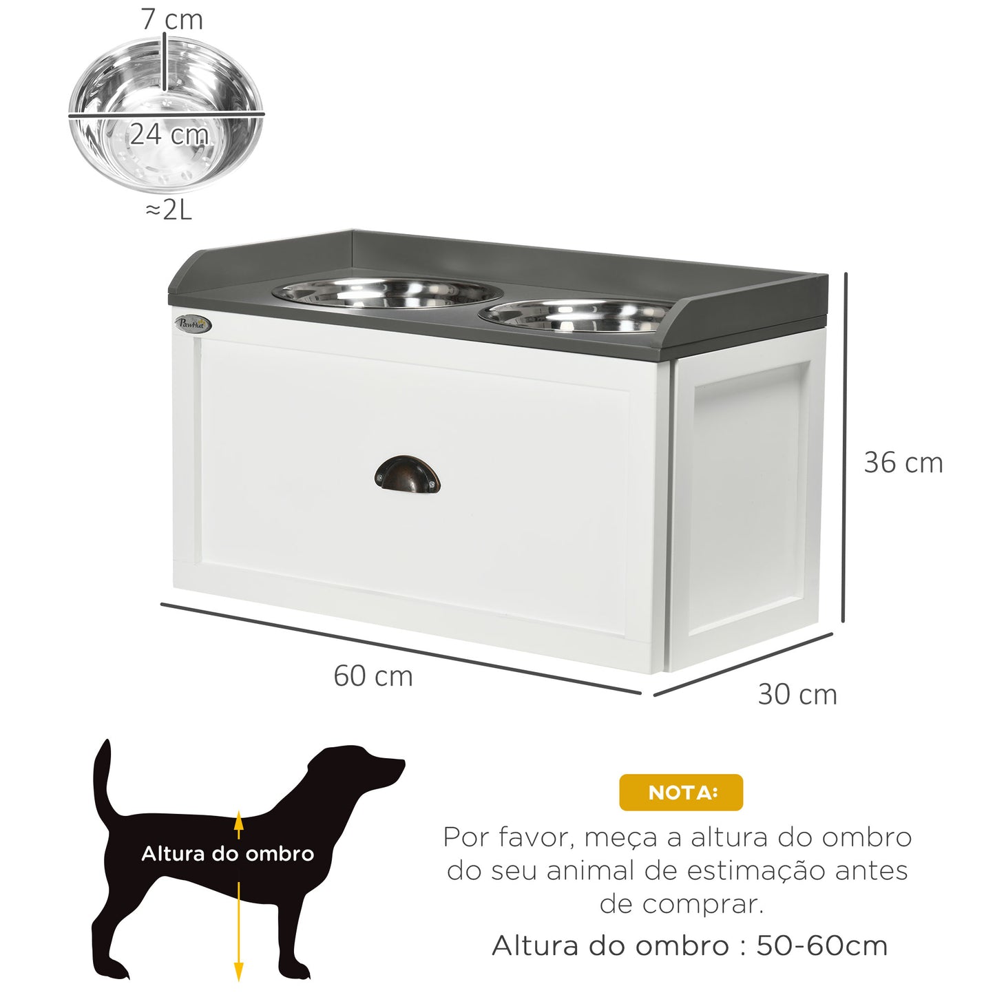 PawHut Comedouro Elevado para Cães Comedouro para Cães com 2 Tigelas 2000ml de Aço Inoxidável Gaveta Oculta com Suporte de Madeira para Animais de Estimação 60x30x36cm Branco