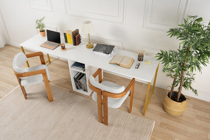 Secretária Dupla "Twin Study Desk" – Branco e Dourado, 240x60x74 cm, Design Moderno