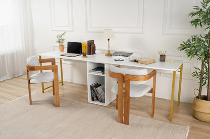 Secretária Dupla "Twin Study Desk" – Branco e Dourado, 240x60x74 cm, Design Moderno