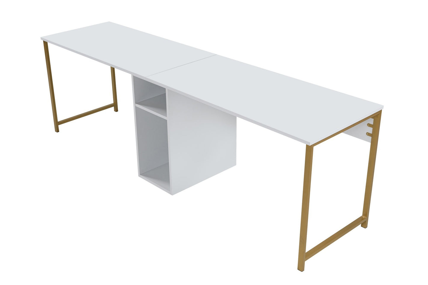 Secretária Dupla "Twin Study Desk" – Branco e Dourado, 240x60x74 cm, Design Moderno