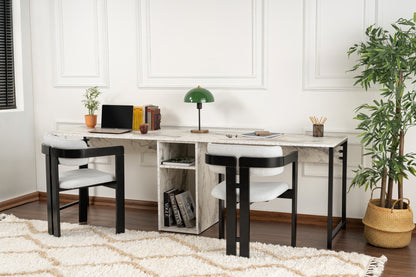 Secretária Dupla "Twin Study Desk" – Mármore Fressia e Preto, 240x60x74 cm, Design Moderno