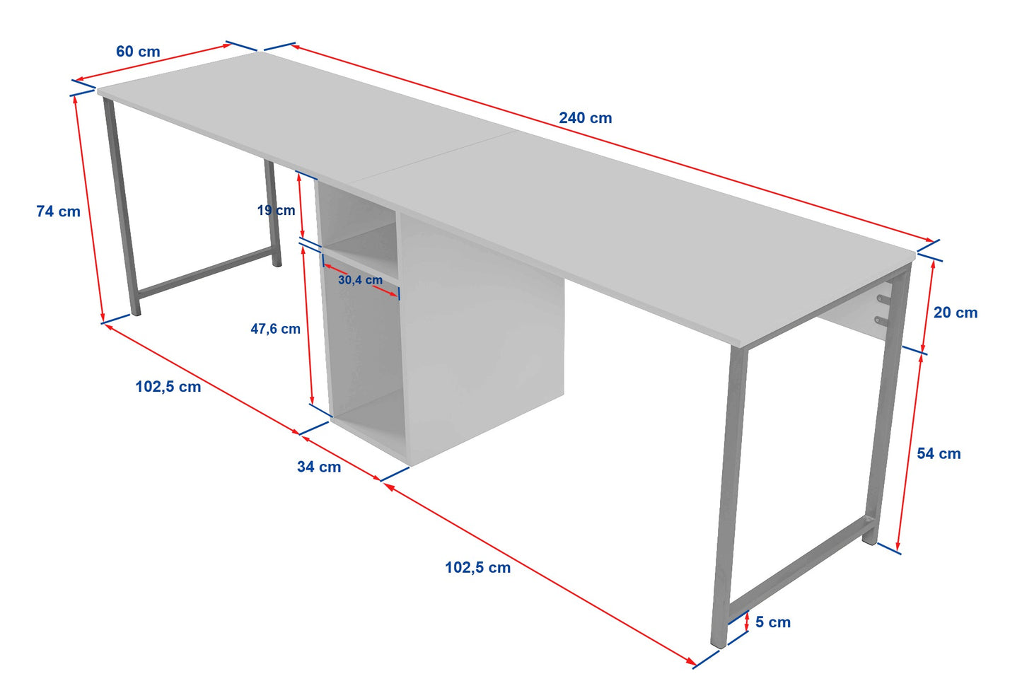 Secretária Dupla "Twin Study Desk" – Mármore Fressia e Preto, 240x60x74 cm, Design Moderno