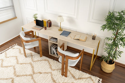 Secretária Dupla "Twin Study Desk" – Travertine e Dourado, 240x60x74 cm, Design Moderno