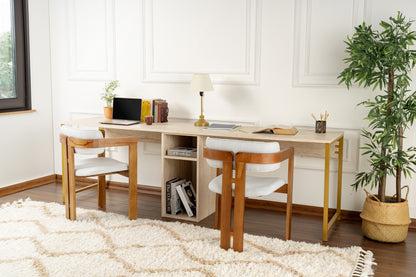 Secretária Dupla "Twin Study Desk" – Travertine e Dourado, 240x60x74 cm, Design Moderno