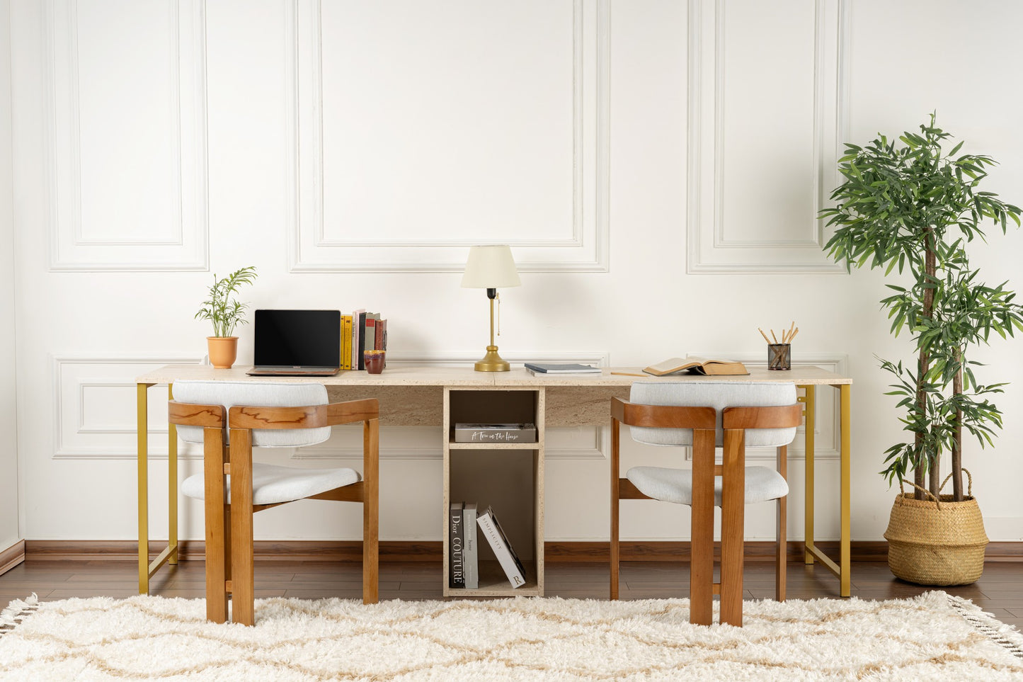 Secretária Dupla "Twin Study Desk" – Travertine e Dourado, 240x60x74 cm, Design Moderno