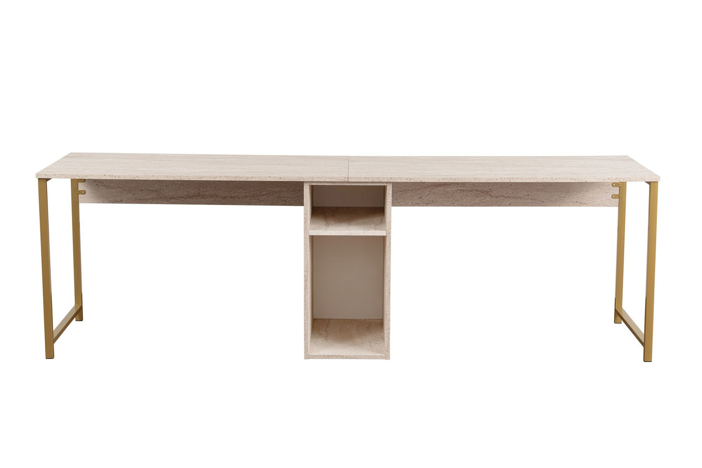 Secretária Dupla "Twin Study Desk" – Travertine e Dourado, 240x60x74 cm, Design Moderno