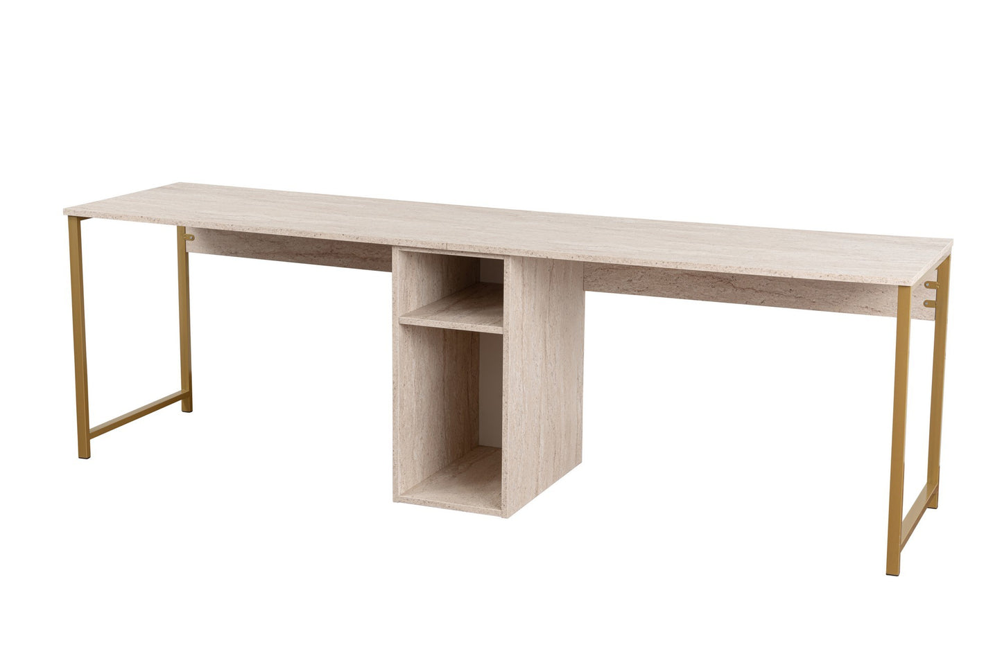 Secretária Dupla "Twin Study Desk" – Travertine e Dourado, 240x60x74 cm, Design Moderno