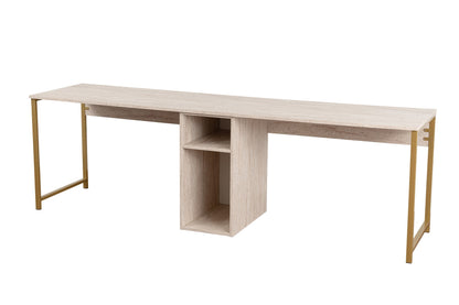 Secretária Dupla "Twin Study Desk" – Travertine e Dourado, 240x60x74 cm, Design Moderno