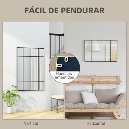 HOMCOM Espelho de Parede Retangular Espelho Estilo Janela 90x60 cm com Moldura de Metal Espelho Decorativo para Sala Quarto Entrada Preto