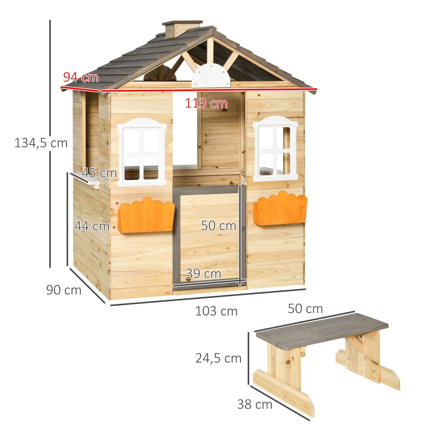 Outsunny Casa de Jardim de Madeira Casa de Madeira de Exterior para Crianças de 3-7 Anos com Janelas 2 Floreiras e 1 Banco 113x94x134,5 cm Madeira