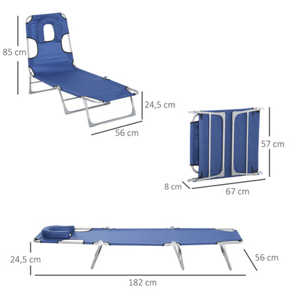 Espreguiçadeira de Jardim Reclinável e Dobrável com Orifício de Leitura Apoio para Cabeça e Encosto Ajustável em 4 Níveis para Praia 182x56x24,5 cm Azul