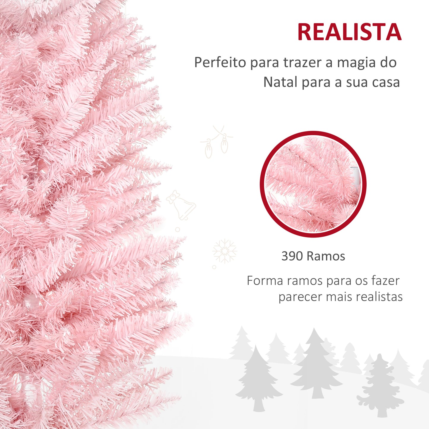 HOMCOM Árvore de Natal Artificial 180cm Ignífugo com 390 Ramos de PVC e Suporte de Metal Decoração de Natal para Interiores Fácil de Montar Rosa