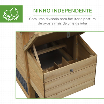 PawHut Galinheiro de Madeira para Exterior Gaiola para 2-3 Galinhas com Cercado de Arame Teto Abatível Caixa Ninho Bandeja Removível e Rampa 150,5x54x87cm Natural