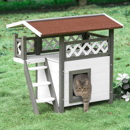 PawHut Casa para Gatos de Madeira 77x50x73cm Casa para Gatos com 2 Níveis com Teto Asfáltico Terraço Cercado Caverna e Escada para Interior e Exterior Branco e Cinza