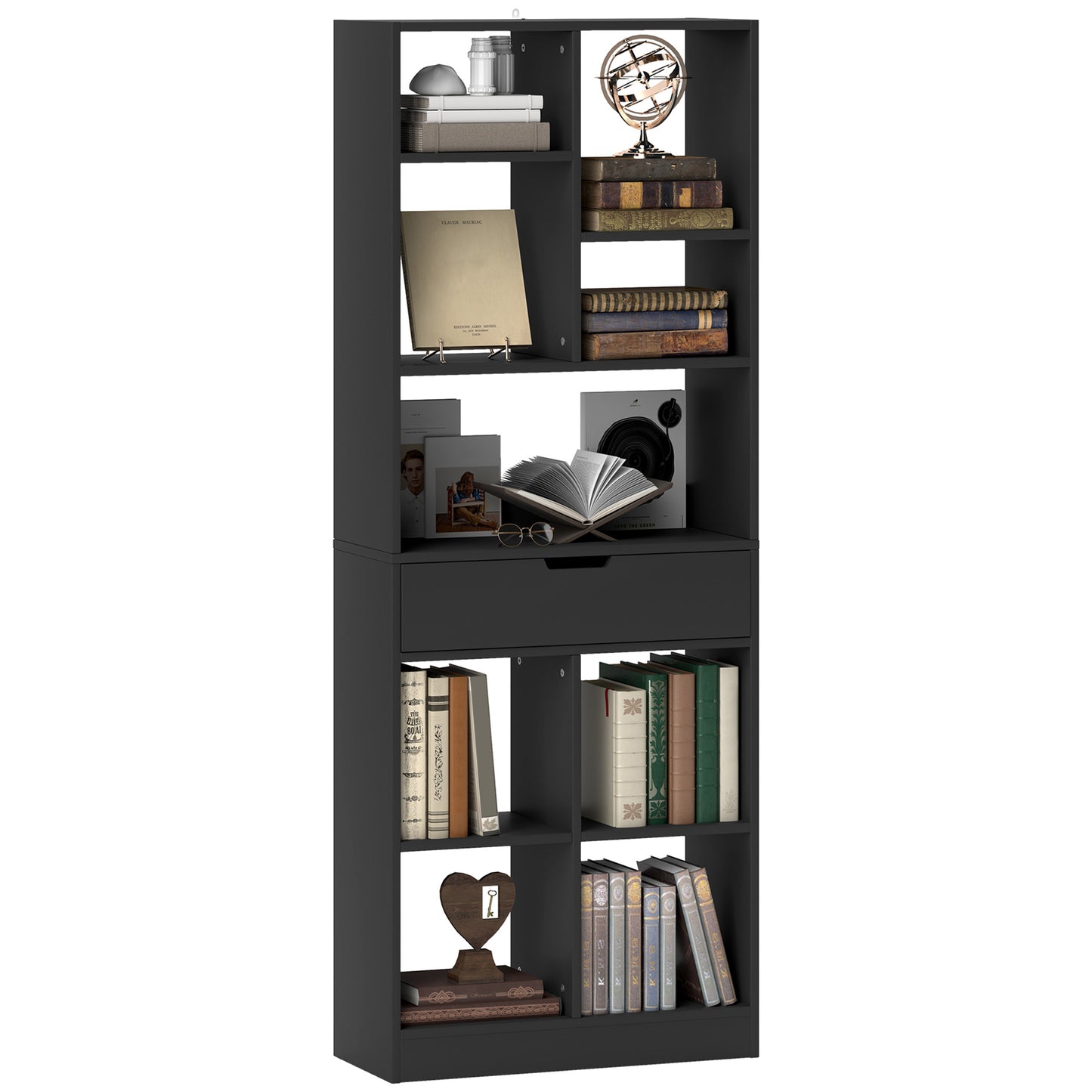 HOMCOM Estante de Madeira Estante para Livros com 1 Gaveta e 9 Compartimentos de Armazenamento Livraria para Sala de Estar Escritório Estúdio 60x26x158 cm Preto