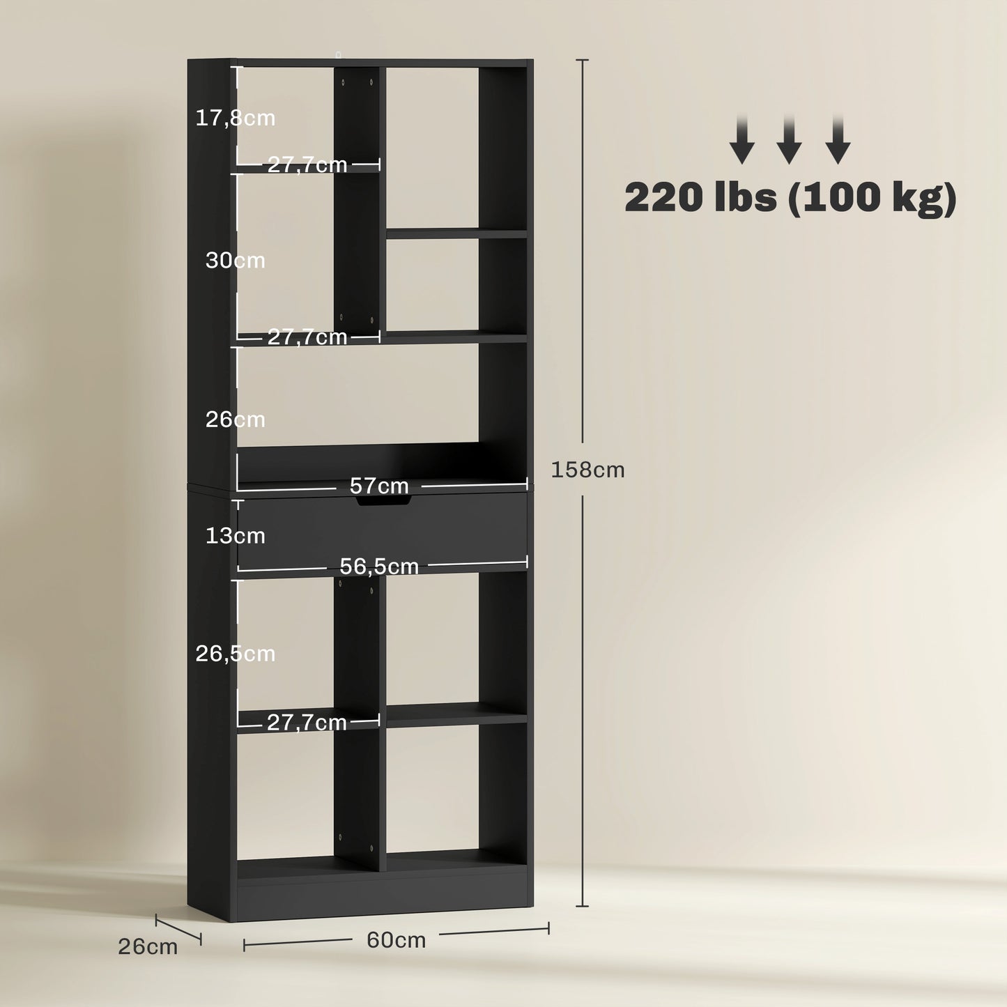 HOMCOM Estante de Madeira Estante para Livros com 1 Gaveta e 9 Compartimentos de Armazenamento Livraria para Sala de Estar Escritório Estúdio 60x26x158 cm Preto