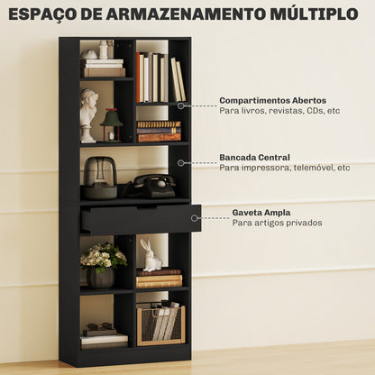 HOMCOM Estante de Madeira Estante para Livros com 1 Gaveta e 9 Compartimentos de Armazenamento Livraria para Sala de Estar Escritório Estúdio 60x26x158 cm Preto