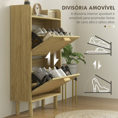 HOMCOM Móvel Sapateira de Entrada Armário de Sapatos Boêmio com 2 Gavetas Basculantes e 1 Prateleira Aberta para 18 Pares de Sapatos para Corredor Entrada 80x24,5x110 cm Carvalho