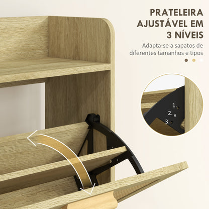 HOMCOM Móvel Sapateira de Entrada Armário de Sapatos Boêmio com 2 Gavetas Basculantes e 1 Prateleira Aberta para 18 Pares de Sapatos para Corredor Entrada 80x24,5x110 cm Carvalho