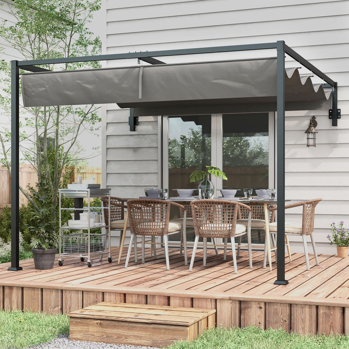 Pérgola de Parede em Aço com Teto Retrátil 297x211x220 cm – Estrutura Resistente para Jardim e Pátio