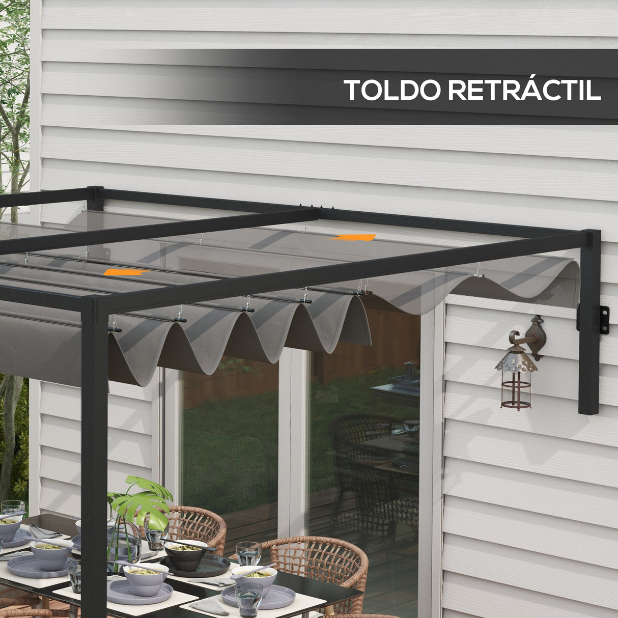 Pérgola de Parede em Aço com Teto Retrátil 297x211x220 cm – Estrutura Resistente para Jardim e Pátio