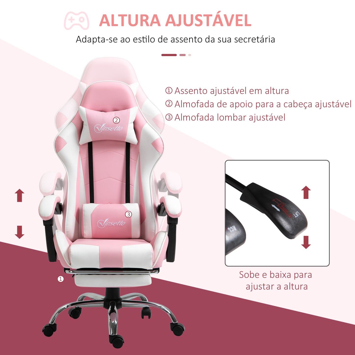 Vinsetto Cadeira de Gaming Reclinável Cadeira Gaming Giratória com Apoio para a Cabeça Apoio para os Pés Almofada Lombar Altura Ajustável para Escritório Estúdio 64x67x119-127 cm Rosa