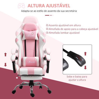 Vinsetto Cadeira de Gaming Reclinável Cadeira Gaming Giratória com Apoio para a Cabeça Apoio para os Pés Almofada Lombar Altura Ajustável para Escritório Estúdio 64x67x119-127 cm Rosa