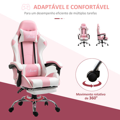 Vinsetto Cadeira de Gaming Reclinável Cadeira Gaming Giratória com Apoio para a Cabeça Apoio para os Pés Almofada Lombar Altura Ajustável para Escritório Estúdio 64x67x119-127 cm Rosa