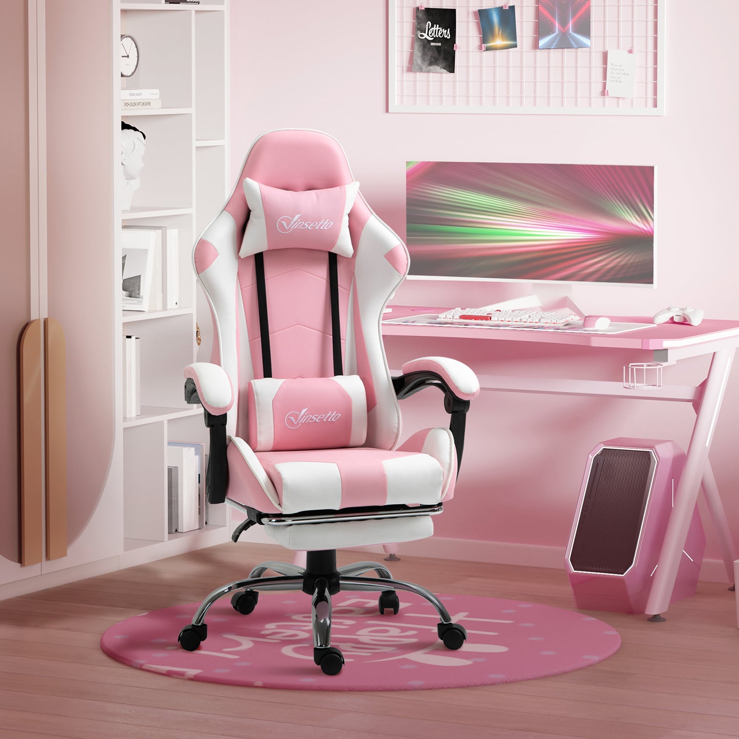 Vinsetto Cadeira de Gaming Reclinável Cadeira Gaming Giratória com Apoio para a Cabeça Apoio para os Pés Almofada Lombar Altura Ajustável para Escritório Estúdio 64x67x119-127 cm Rosa