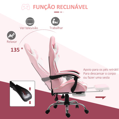 Vinsetto Cadeira de Gaming Reclinável Cadeira Gaming Giratória com Apoio para a Cabeça Apoio para os Pés Almofada Lombar Altura Ajustável para Escritório Estúdio 64x67x119-127 cm Rosa