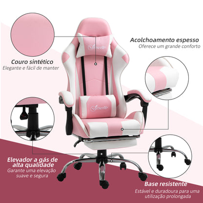 Vinsetto Cadeira de Gaming Reclinável Cadeira Gaming Giratória com Apoio para a Cabeça Apoio para os Pés Almofada Lombar Altura Ajustável para Escritório Estúdio 64x67x119-127 cm Rosa