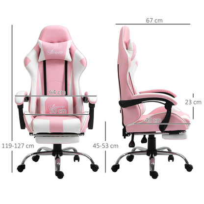 Vinsetto Cadeira de Gaming Reclinável Cadeira Gaming Giratória com Apoio para a Cabeça Apoio para os Pés Almofada Lombar Altura Ajustável para Escritório Estúdio 64x67x119-127 cm Rosa