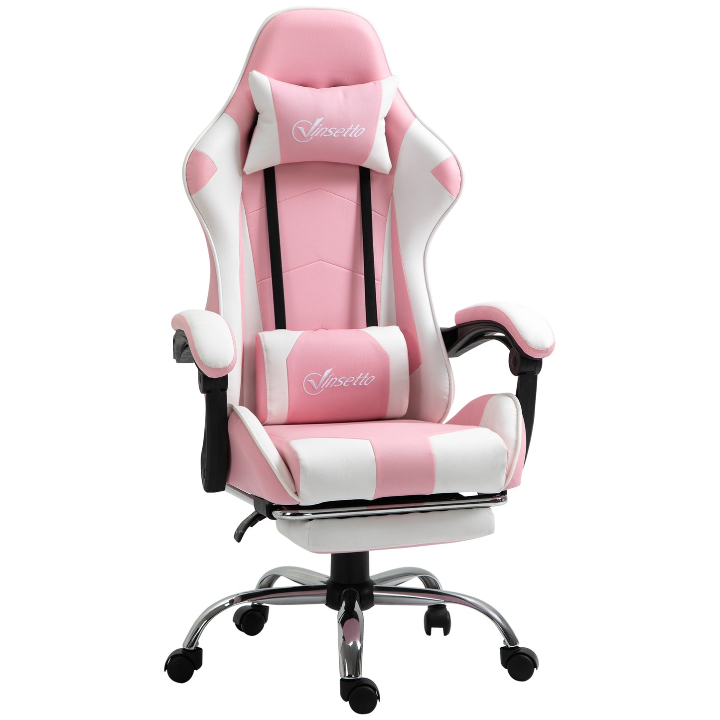 Vinsetto Cadeira de Gaming Reclinável Cadeira Gaming Giratória com Apoio para a Cabeça Apoio para os Pés Almofada Lombar Altura Ajustável para Escritório Estúdio 64x67x119-127 cm Rosa