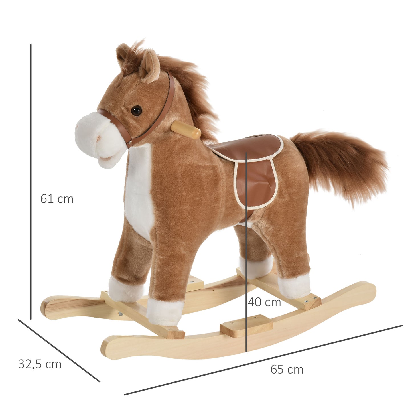 Cavalo de balanço para crianças acima de 36 meses Brinquedo de balanço macio com música Sons relinchos de galope Boca e cauda móveis 65x32,5x61 cm Marrom