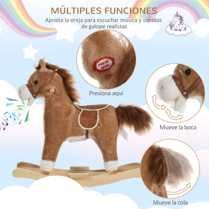 Cavalo de balanço para crianças acima de 36 meses Brinquedo de balanço macio com música Sons relinchos de galope Boca e cauda móveis 65x32,5x61 cm Marrom