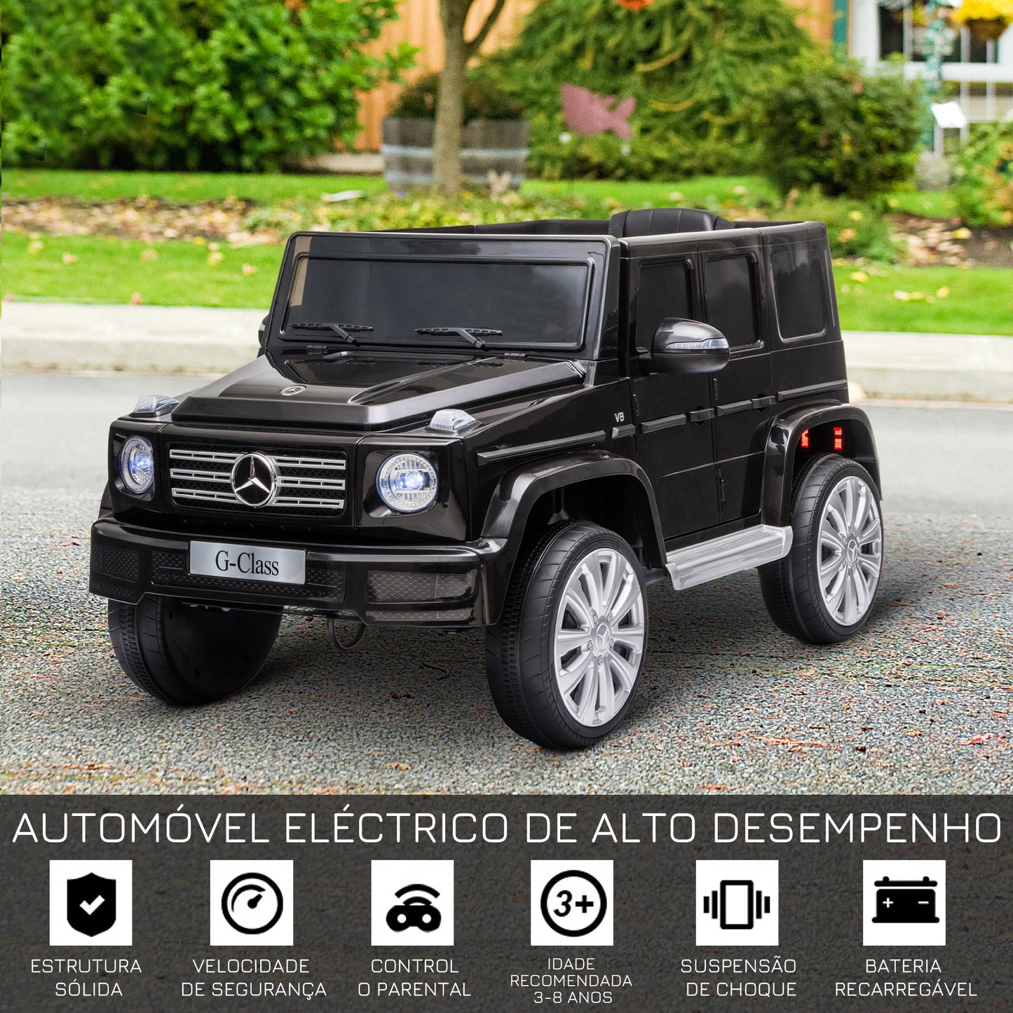 HOMCOM Carro Elétrico para Crianças acima de 3 Anos BENZ G500 Todo-o-Terreno com Bateria 12V Veículo Elétrico com Controlo Remoto Música Buzina Velocidade 3-5 km/h Carga 30 kg Preto